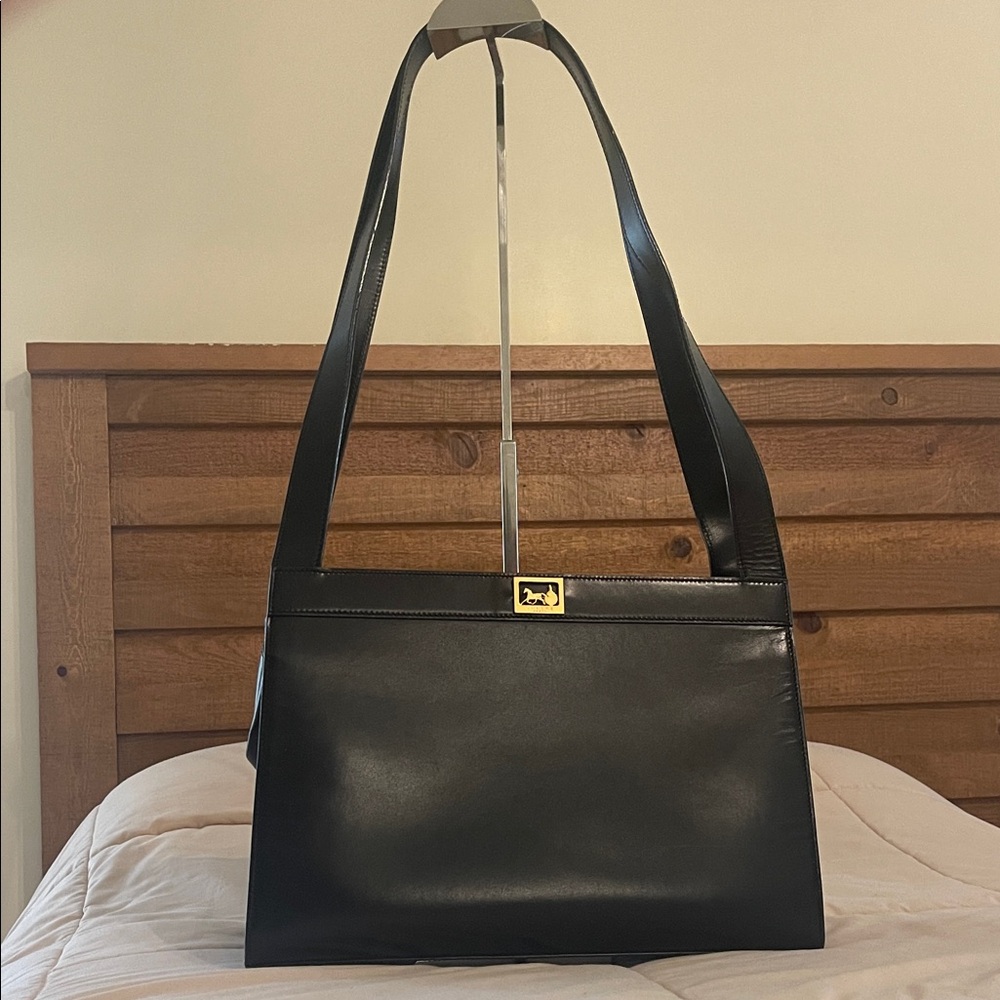 Vintage Celine Black Leather Shoulder Bag Horse and Carriage